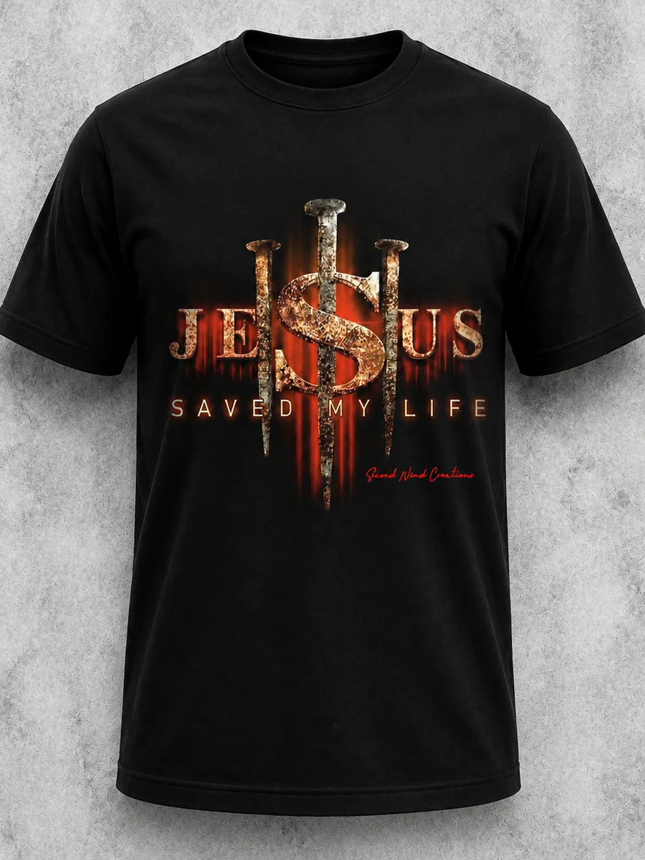 The Jesus Saved My Life t-shirt - three nails and four words, printed on black